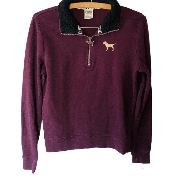 PINK Victoria's Secret Tops - Victoria’s Secret PINK perfect quarter-zip burgundy rose gold dog size Large